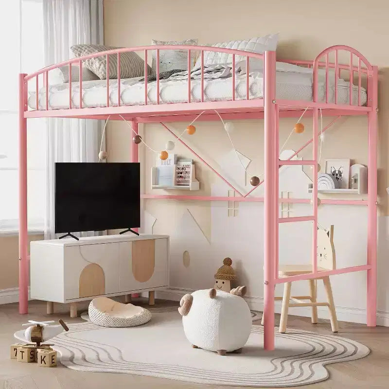 Twin Size Loft Bed with Stairs & Arched Guardrail - Sturdy Metal Slats, Space Saving, Noise Free, No Box Spring, Ideal for Kid Room & Dorm, Black