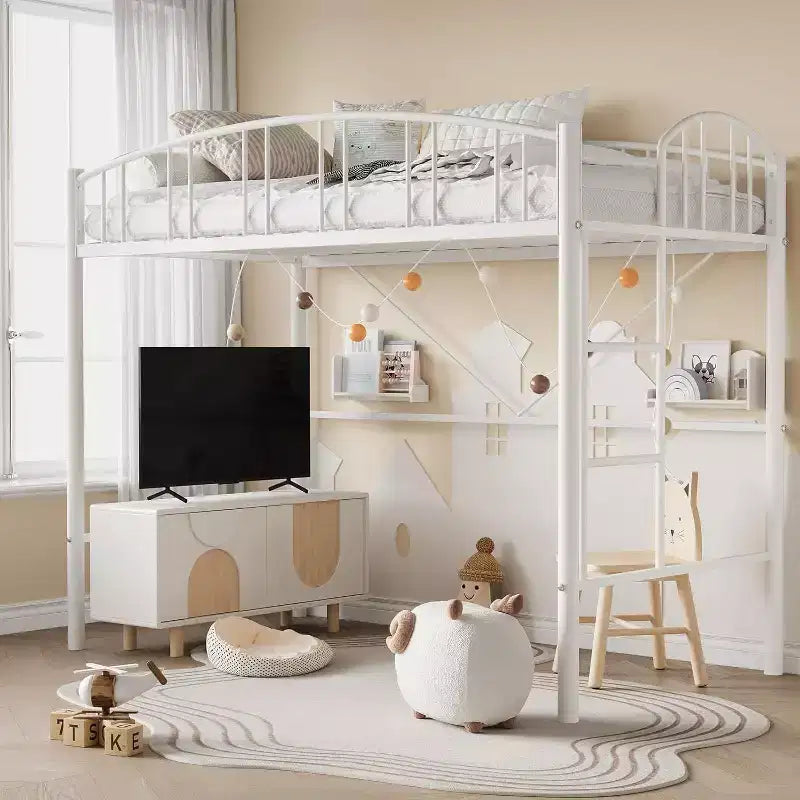 Twin Size Loft Bed with Stairs & Arched Guardrail - Sturdy Metal Slats, Space Saving, Noise Free, No Box Spring, Ideal for Kid Room & Dorm, Black