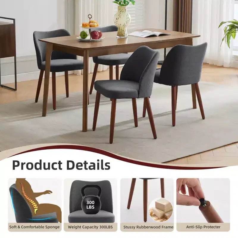 Linen Dining Chairs Set of 2, Upholstered Fabric Side Chairs with Wing Backrest, Thick Cushions & Wood Legs for Dining Room, Living Room