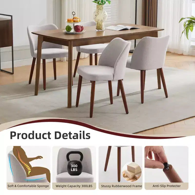 Linen Dining Chairs Set of 2, Upholstered Fabric Side Chairs with Wing Backrest, Thick Cushions & Wood Legs for Dining Room, Living Room