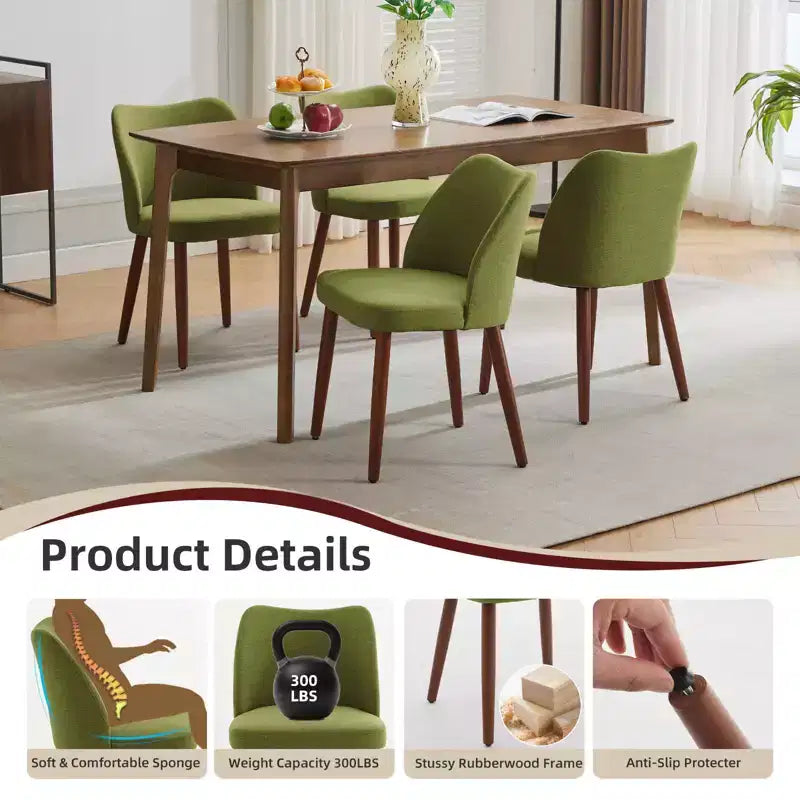 Linen Dining Chairs Set of 2, Upholstered Fabric Side Chairs with Wing Backrest, Thick Cushions & Wood Legs for Dining Room, Living Room
