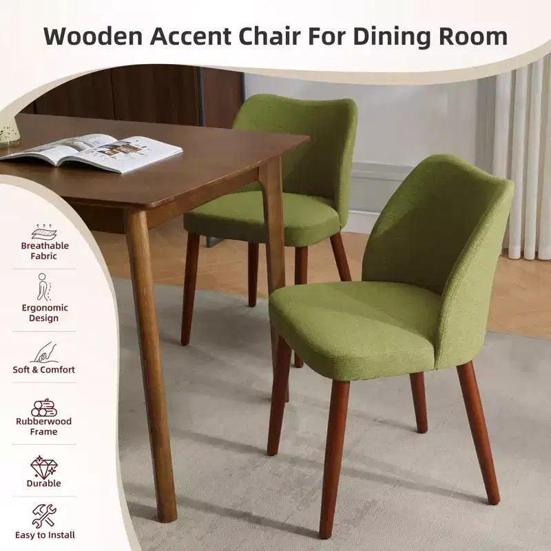 Linen Dining Chairs Set of 2, Upholstered Fabric Side Chairs with Wing Backrest, Thick Cushions & Wood Legs for Dining Room, Living Room