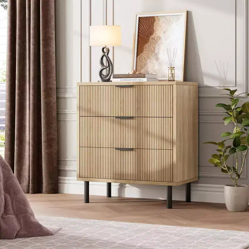 Commode 3 tiroirs cannelés, commode large en bois, commode de rangement moderne pour chambre à coucher et salon