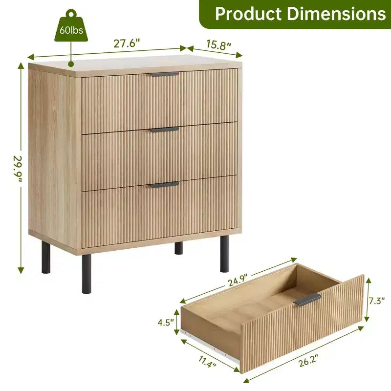 Commode 3 tiroirs cannelés, commode large en bois, commode de rangement moderne pour chambre à coucher et salon