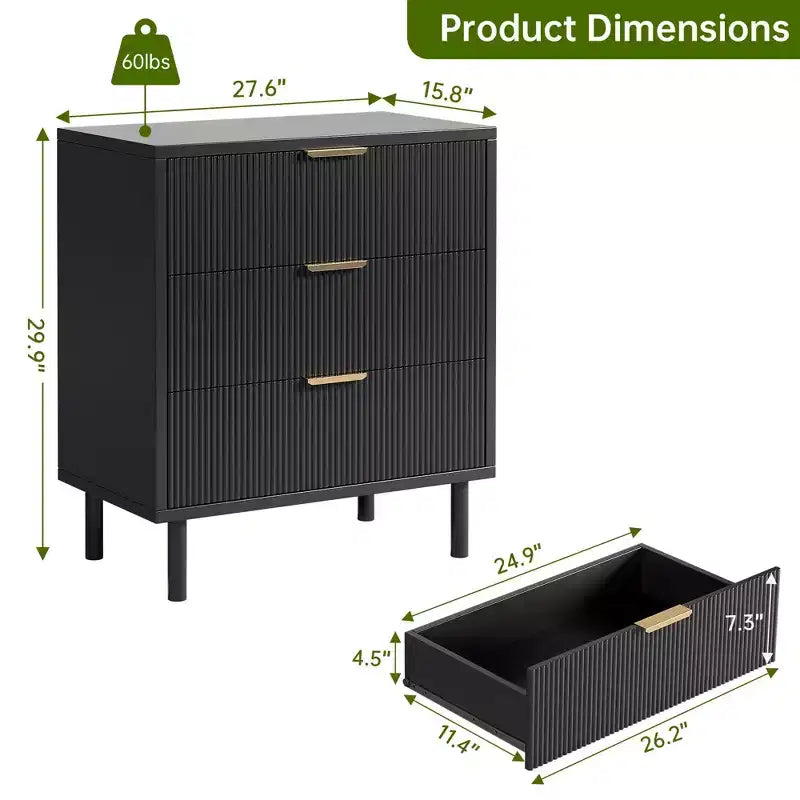 Commode 3 tiroirs cannelés, commode large en bois, commode de rangement moderne pour chambre à coucher et salon