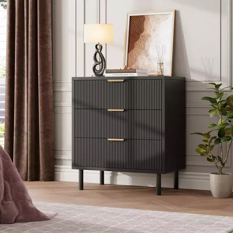 Commode 3 tiroirs cannelés, commode large en bois, commode de rangement moderne pour chambre à coucher et salon