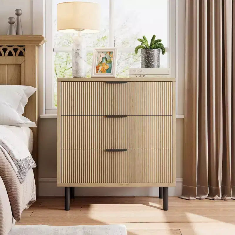 Fluted 3 Chest of Drawers, Wide Wood Drawers Dresser, Modern Storage Dresser Chest of Drawers Organizer for Bedroom Living Room